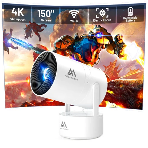 AUBOR MENTECH [Built-in Battery] Mini Projector with Wifi and Bluetooth, 4K 1080P Supported 270° Rotatable 150'' Screen Auto Keystone Home Outdoor Projector Portable Smart Projector for Phone/TV/Laptop/HDMI, White