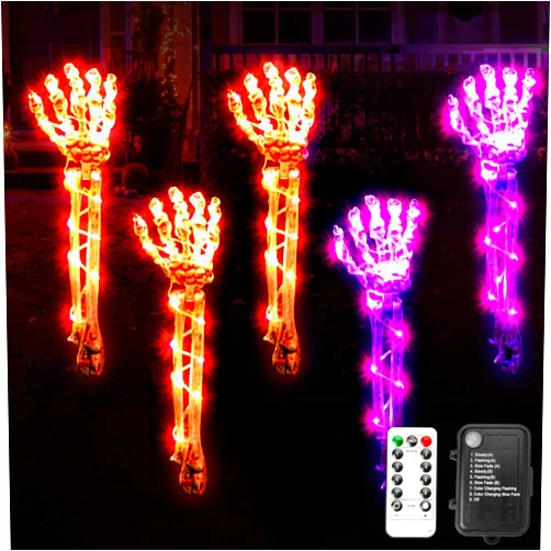 JOYIN 5 Pack Halloween Decorations Outdoor Lighted Skeleton Arm Stakes, 10FT LED Warm Light & Purple Waterproof Skeleton Hands, Halloween Graveyard Party Yard Lawn Prop Haunted House Outside Decor