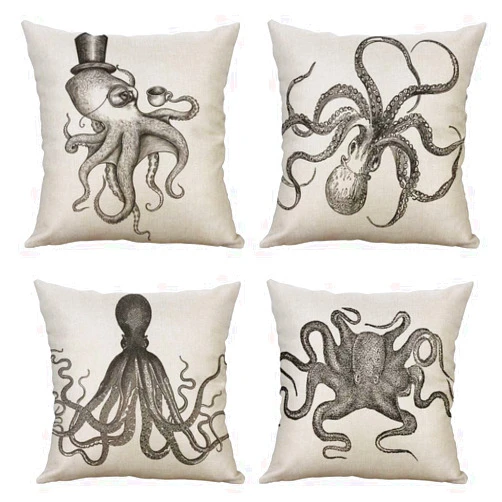 Sokaton Octopus Throw Pillow Covers 18 x 18 Inch Set of 4 Cushion Covers Xmas Decorative Pillow Case for Car Sofa Bed Couch,(Octopus)