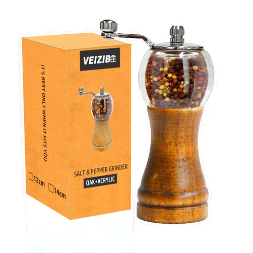 VEIZIBEE Pepper Mills, Classical Roast Black Manual Pepper Grinder Set，Hand Shake Salt Mill，Retro Style Wood， Acrylic，Ceramic Blades，Metal Handle, Enjoy Fresh Pepper (Walnut color 1pcs-6in)