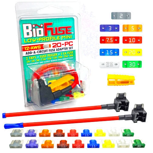 BIOFUSE 12 AWG Low Profile Mini ATT 20 Piece Automotive Car Fuse Assortment and Holders Set (2 Add-a-Circuit Fuse Tap Adapters, 18 LP-Mini Blade Fuses + Fuse Puller) 2A 3A 5A 7.5A 10A 15A 20A 25A 30A