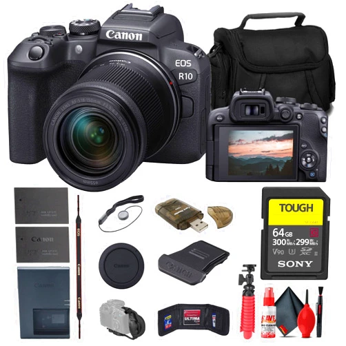 Canon EOS R10 Mirrorless Camera with 18-150mm Lens (5331C016) + Sony 64GB TOUGH SD Card + Bag + Card Reader + Flex Tripod + Hand Strap + Memory Wallet + Cap Keeper + Cleaning Kit (Renewed)