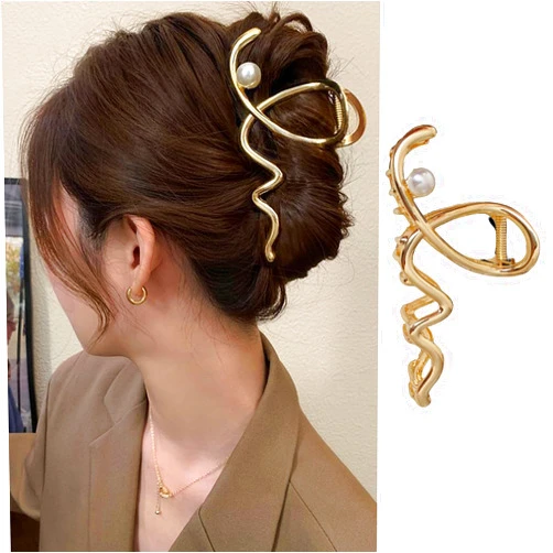 FRUZJAY Gold Waves Hair Clips Large Hair Claw Clips Metal Wave Shape Hairpin Strong Hold Hair Jaw Claw Fashion Hair Styling Accessories Nonslip Waves Hair Catch Barrette Cute Jaw Clamps for Women 1Pc