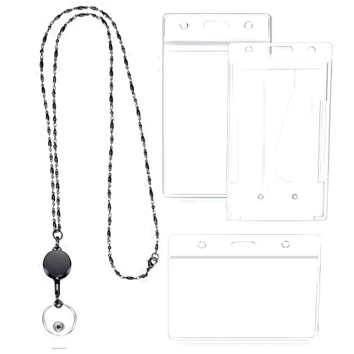Zonon Retractable Badge Reel Lanyard with ID Holder for Women, Cruise Lanyard Stainless Steel Necklace with 3 Pieces Name Badge Holder Clip for Teacher(Black)