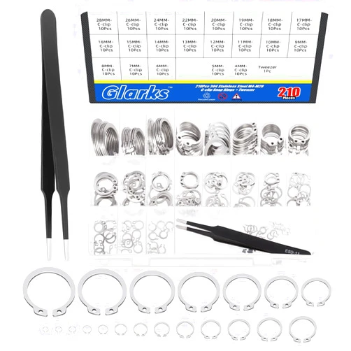Glarks 211Pcs 21 Sizes C-Clip External Retaining Rings Assortment Set, 304 Stainless Steel 4MM-28MM Snap Ring Shop Assortment Circlip Retainer Rings with A Tweezer for Axles, Shafts and Moving Parts
