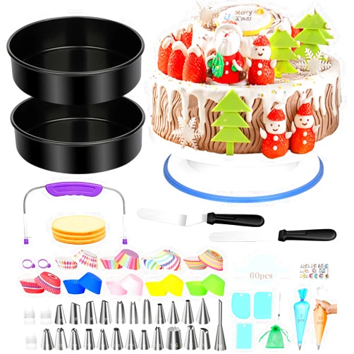 Taiker Cake Decorating Kit, Baking Supplies Set for Adults, 8 Inch Cake Pans, Cake Leveler, Cake Turntable, Numbered Piping Tips, Spatulas, Parchment Paper and More for Beginners (241 Pcs)