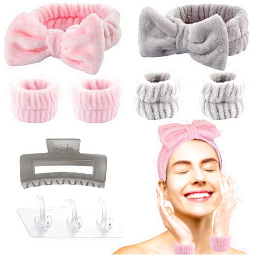 Wasoyun Headband for Washing Face Set, Makeup Headband, Skincare Headbands, SPA Headband Wristband for Washing Face, Hooks for Wristbands Hairbands, Hair Clips, Arm Bands for Washing Face