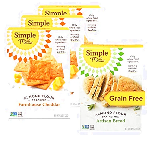 Simple Mills Almond Flour Crackers, Farmhouse Cheddar (Pack of 3) and Almond Flour Baking Mix, Artisan Bread Mix (Pack of 1)