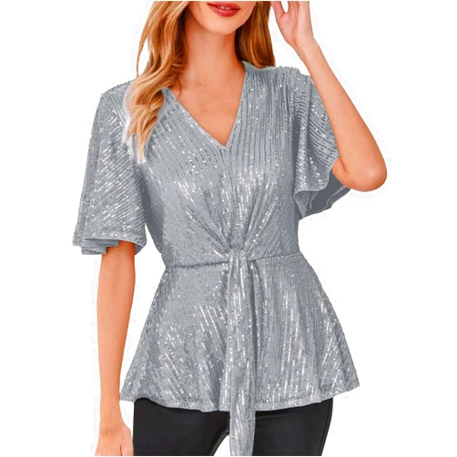 Generic Women's Loose Sequin V Neck Short Sleeve Shirts Glitter Sequins Loose Blouse Tops Basic Basics Long Sleeve Shirt Women