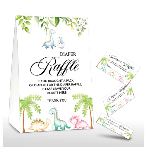 Chuxvon Diaper Raffle Party Games, Dinosaur Baby Shower Game, Greenery Themed Baby Gender Reveal Party Supplies & Activities -1 Double Sided Standing Sign + 50 Guessing Cards (A06)