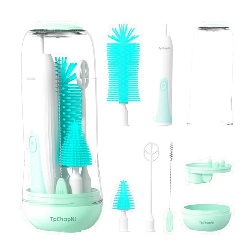 TpChapNi Electric Travel Baby Bottle Brush Set, Electric Bottle Brush Cleaner, Silicone Bottle, Nipple and Straw Brush, Stirring Disperser, Drainage Rack, Storage Box (Green)
