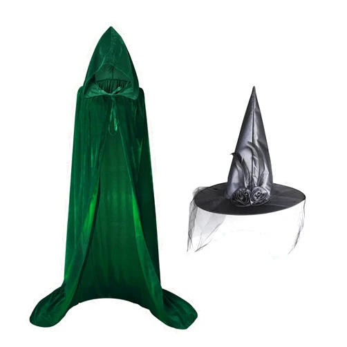 Nirvany Hooded Cloak and Witch Hat Kit, Velvet Witch Costume Cape and Hat for Halloween
