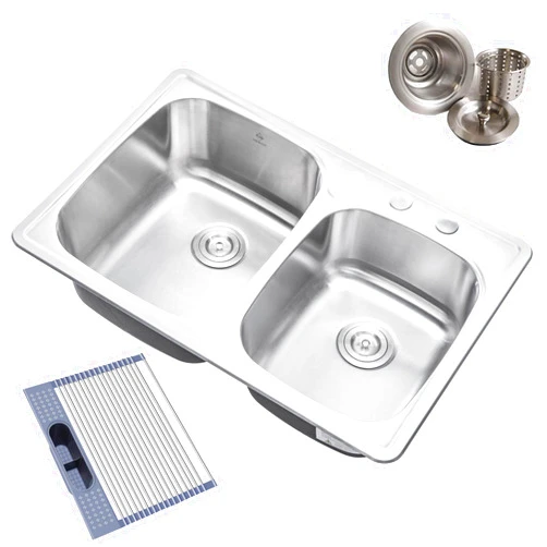COZY COZYBLOCK CozyBlock 33 x 22 x 9 Inch 60/40 Offset Top-mount/Drop-in Stainless Steel Double Bowl Kitchen Sink with Strainer and Dishrack - 18 Gauge Stainless Steel-3 Faucet Hole