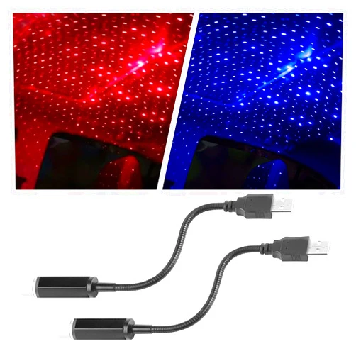 JOYCOURT 2PCS USB Star Roof Lights, Portable Adjustable Projector Night Light, Romantic Interior LED Ceiling Light Ambient Lighting Atmosphere Star Light for Car Bedroom Party Decoration (Red/Purple&Blue)