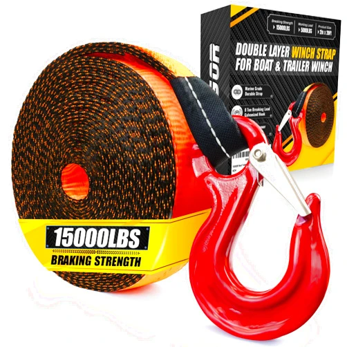 TUSGOR [PREMIUM] Boat Trailer Winch Strap With Supper Steel Hook, 15000 LBS Break Strength, Two Layers Winch Strap, Winch Pulley Strap For Boat Trailer Replacement, Towing Vehicles & Boat Accessories 2