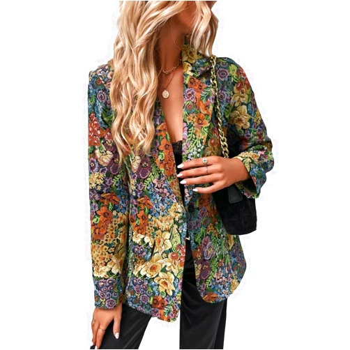 WDIRARA Women's Floral Print Lapel Neck Single Button Lightweight Jacket Blazer with Pocket