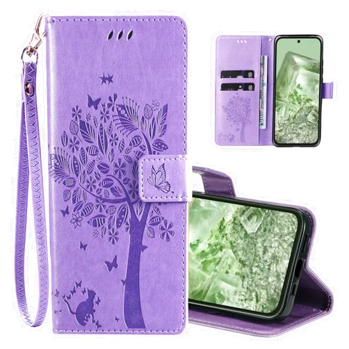 PAOBIR for Google Pixel 8A Case Wallet for Women Man,PU Leather Tree Cat Flowers Embossed Wrist Strap Card Slots Pocket Kickstand Flip Protective Phone Case Cover for Google Pixel 8A Light Purple