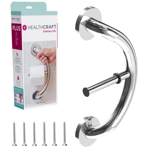 HEALTHCRAFT Plus 2-in-1 Toilet Paper Holder and Grab Bar (14 Inch) | ADA Compliant Safety Grab Bar for Seniors, Wall-Mounted, Supports Up to 500 lbs, Polished Chrome