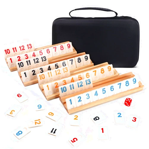 Elanbells 2-4 Players Rummy Cube Board Games Set with 4 Wooden Racks, 106 Tiles, Portable Case and Dice, for Family Friends Games Night Gifts Travel Party Games Sharpens Brain Game