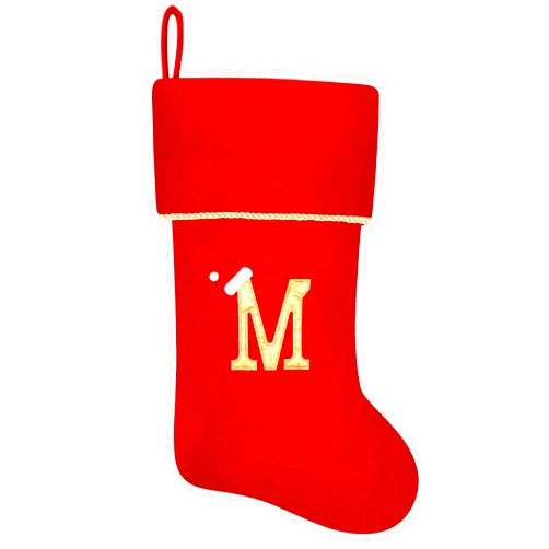 Subyan 20 Inches Initial Monogram Red Christmas Stocking, Personalized Large Embroidered Letter Velvet Christmas Stocking with Gold Trim Decoration for Family Christmas Holiday Party Decor(Letter M)