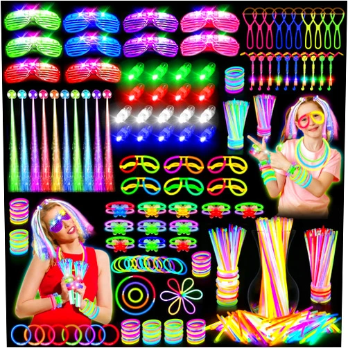 OLUPP Glow in the Dark Party Supplies, 264 PCS Light Up Party Favors with LED Glasses,Glow Sticks,Finger Lights,LED Hair Clips,Slingshot,Glasses Molds,Butterfly Bracelet for Glow Party,Raves,Birthday