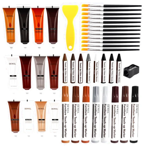 DEWEL Wood Furniture Repair Kit, Upgrade Wood Filler, Furniture Touch Up Markers with Wax Sticks, 42 Pcs Floor Touch Up kit for Scratches, Cracks, Hole, Laminate, Table, Bedposts