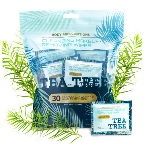 Body Prescriptions Body Prescription Makeup Cleansing Wipes - Gentle and Effective Face Wipes, 30 Count Individually Wrapped (Pack of 1), Tea-Tree Makeup Wipes