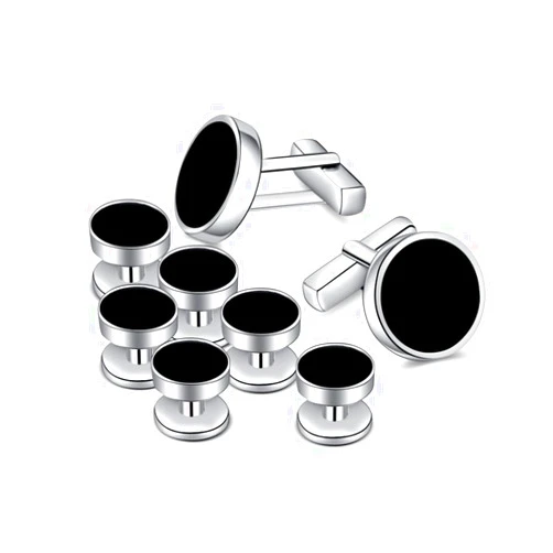 MERIT OCEAN Mens Onyx Cufflinks and Studs Set Silver Black Cufflinks for Men Tuxedo Shirts Business Wedding Gift