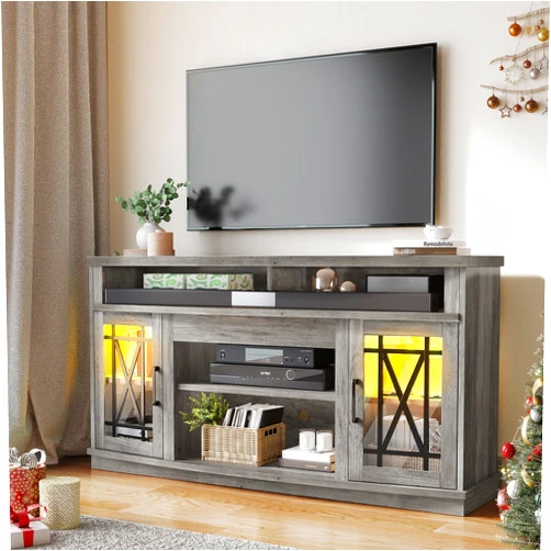 YITAHOME TV Stand Modern Entertainment Center for Living Room, 32'' Tall LED TV Media Console Table for 65 55 Inch, TV Cabinet with Adjustable Shelves and Glass Doors, Grey Wash, 59 Inch