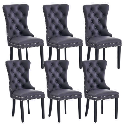 Eifizek Leather Dining Chair Set of 6, Dining Room Chairs with Nailhead Ring Pull Trim, Upholstered Dining Chairs with Solid Wood Legs for Kitchen Dining Room (Black)