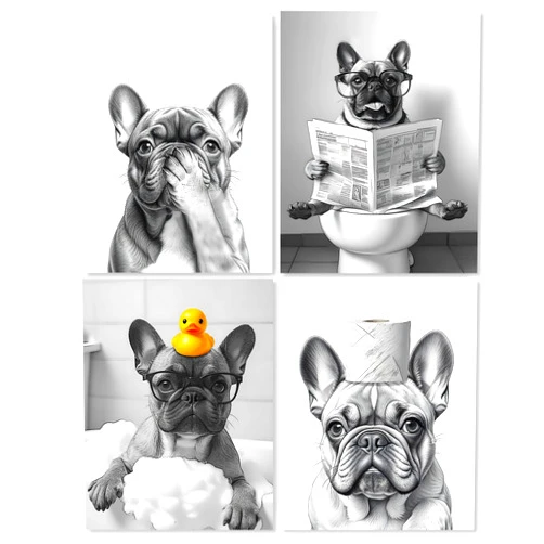 LUKIPOM Funny French Bulldog Bathroom Wall Art Prints 12x16 Set of 4, French Bulldog Decor, Funny Frenchie Dog Wall Art Posters for Bathroom Washroom Restroom Decor, Unframed