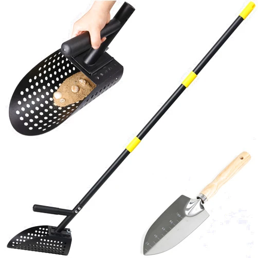 Ihomepark Sand Scoop for Metal Detecting, Long Handle with Shovel Metal Detector for Beach, Stainless Steel Sand Sifter Shovel for Underwater Hunting, Black