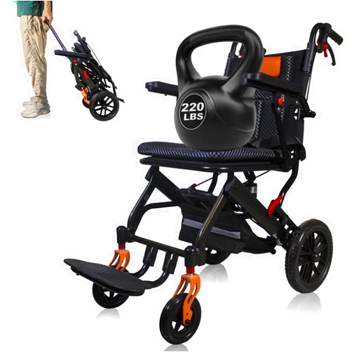 SOFTFISH Wheelchairs for Adults, Transport Wheelchair Lightweight Foldable with Pull Rod,Carbon Fiber Coating Ultra Light Wheelchair Equipped with 10” PU Tires