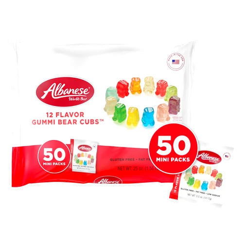 Albanese World's Best Gummi Snack Packs, 12 Flavor Gummi Bear Cubs, 50 - 0.5oz Mini Packs of Candy, Individual Soft & Chewy Candy Snacks