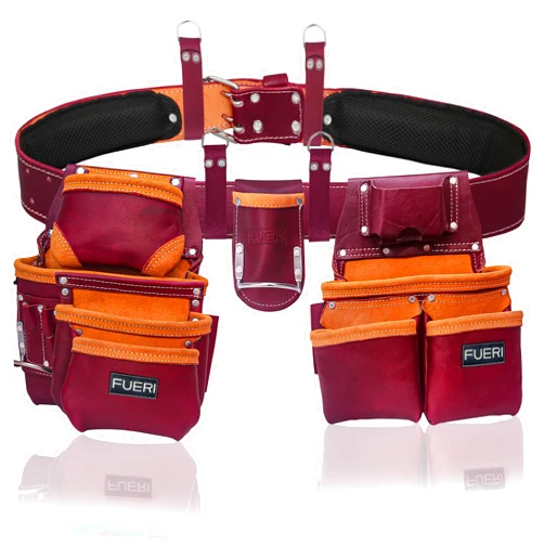 FUERI Leather Tool Belts for Men, Heavy-Duty Durable Carpenter Tool Rig Organizer With 19 Pockets-2 Pouches, Double Hammer Holder, Suspender Loops, And A Foam-Padded Belt for Framers, And Electricians