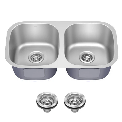 KRAUS Premier 32-inch Undermount 50/50 Double Bowl 18-Gauge Stainless Steel Kitchen Sink with Strainers (x2), KBU22