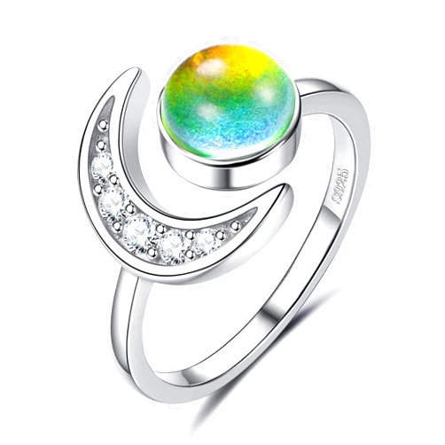 ADRAMATA 925 Sterling Silver Mood Ring Moon Star Open Adjustable Rings for Women 18K White Gold Plated Color Changing Mood Ring Temperature-Control Star and Moon Rings Statement Jewelry
