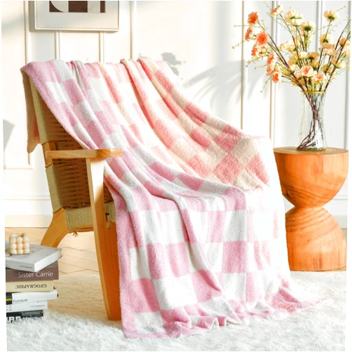 Xiashrk Checkered Throw Blanket for Couch, Pink Checkerboard Blankets with Soft Fluffy Microfiber for Bed Sofa, Cozy Knit Lightweight Decorative Travel Bed Blanket for Camping Picnic, 27