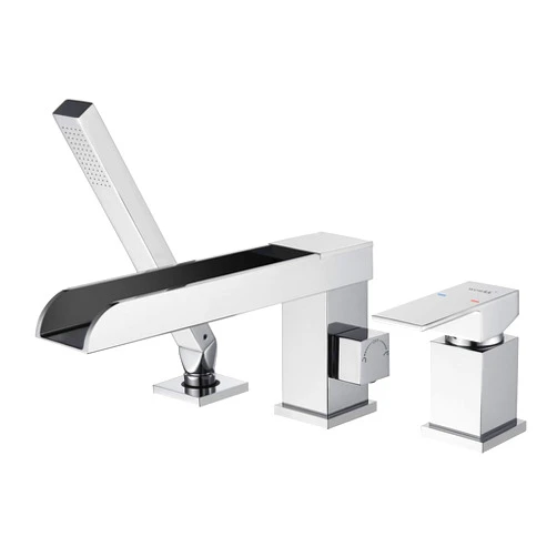 Wowkk Waterfall Roman Tub Faucets Deck Mount Chrome Bathtub Faucets Brass Tub Filler Bathroom Faucets with Hand Shower