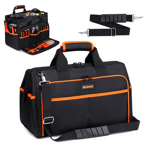 AUROPEAK Heavy Duty Tool Bag 17.3-Inch, 26-Pocket Large Tool Bags for Men Women with Wide Mouth & Adjustable Shoulder Strap, Foldable Tool Bag Organizer for HVAC Craftsman Contractor Electricians Mechanics