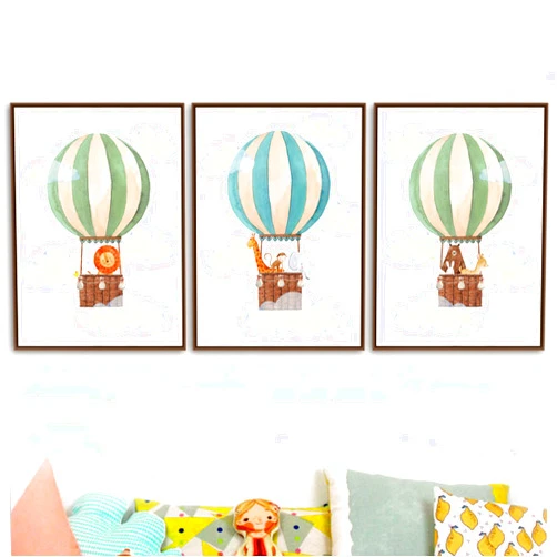 WhOpro Lion Giraffe Bear Monkey Elephant Deer Rabbit Poster Hot Air Balloon Cloud Wall Art Canvas Painting Animal Print Kids Room Decor-No Framed