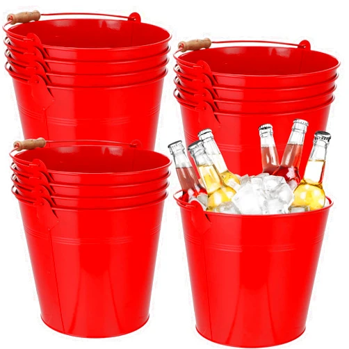 Didaey 12 Pcs Large Galvanized Metal Buckets with Handle 10 Inch Heavy Duty Stainless Steel Pails Round Pail for Party Wedding, Crafts, Utensils, Table Centerpieces (Red)