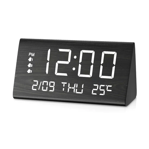 JALL Digital Alarm Clock, with Wooden Electronic LED Time Display, 3 Alarm Settings, Weekday/Weekend Mode, Temperature Detect, Wood Made Electric Clocks for Office, Bedroom, Bedside (Black)