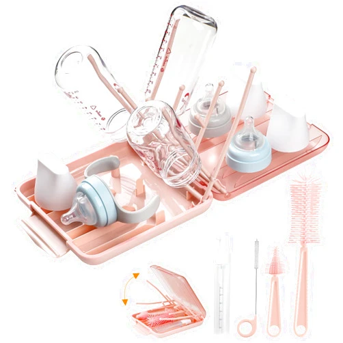 Hineriaeo 6 in 1 Bottle Cleaning Brush Set with Silicone Bottle Brush, Nipple Brush, Straw Brush, Soap Dispenser, Drying Rack for Baby Bottle and Water Bottle, Space Saving Baby Essentials for Home and Travel