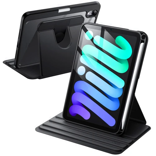 JETech Rotating Case for iPad Mini (A17 Pro, 2024 Model, 7th Generation) / Mini 6 (2021 Model, 6th Generation) with Pencil Holder, 360 Degree Rotation Protective Stand Cover Clear Back (Black)