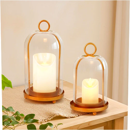 VIVIRENOIR Glass Hurricane Candle Holder Decorative Gold Candle Lantern, Pillar Candlestick Holders Set of 2, Hanging Metal Holder Modern Table Centerpieces, Antique Brass