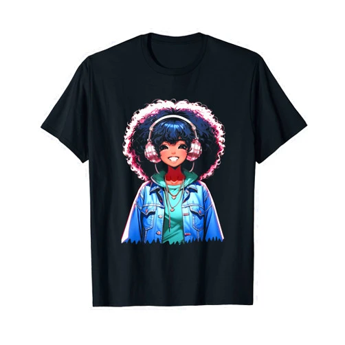 Anime & Manga Music Gifts For Teen Girls Youth Anime and Music Black Girl Anime Merch Afro African American T-Shirt