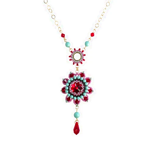 LIORA JEWELRY Designer Flower Swarovski Crystal and Simulated Pearl Goldfilled Long Pendant Necklace