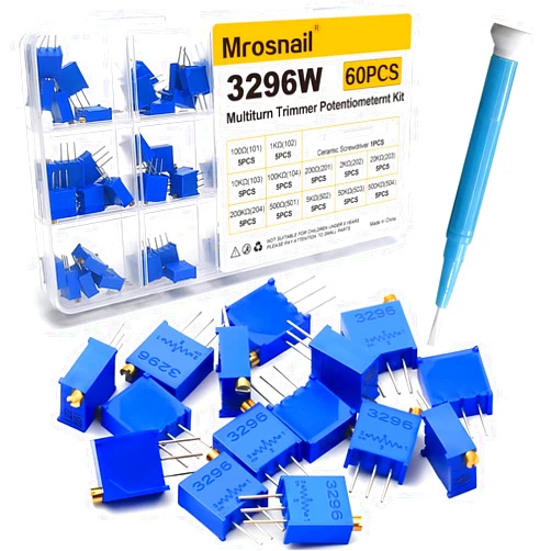 Mrosnail 60PCS 3296W Multiturn Trimmer Potentiometers Kit 100 Ohm 200 Ohm 500 Ohm 1K 2K 5K 10K 20K 50K 100K 200K 500K with Anti Static Ceramic Screwdriver