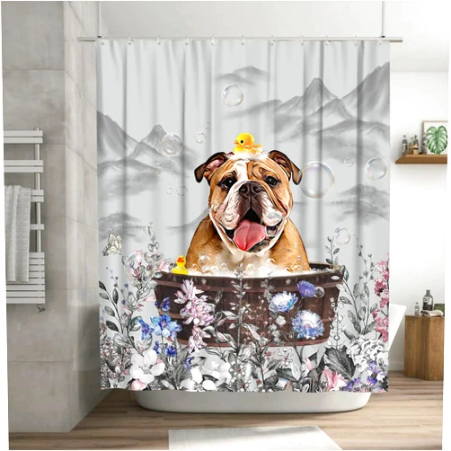 jamie world Black and White Farmhouse Shower Curtain Funny Bulldog Floral Bathroom Shower Curtains Animal Shower Curtain Waterproof Polyester Fabric with Plastic Hooks 60 x72 Inches